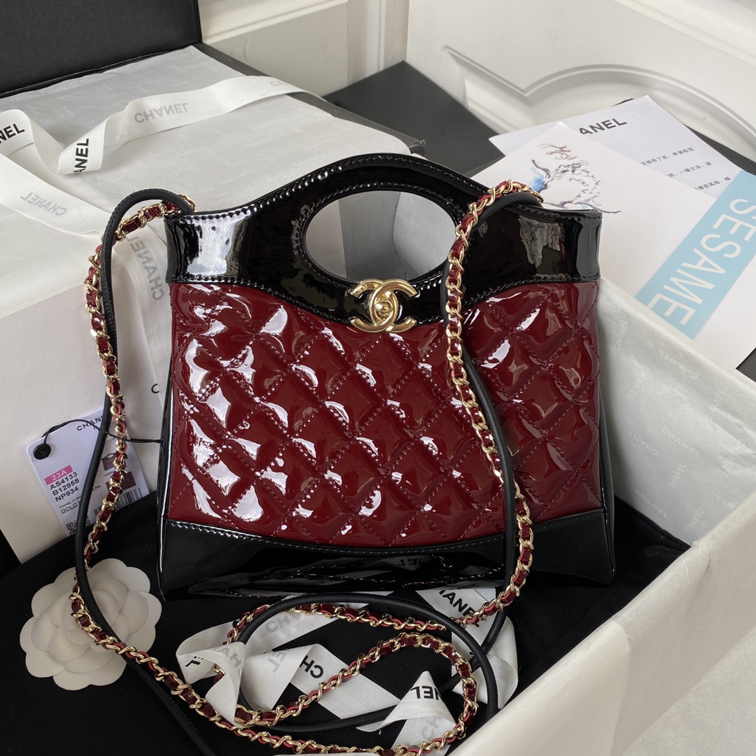 Bagsaaa Ch**el 31 Mini Shopping Bag AS4133 Burgundy & Black Patent Calfskin - 22 × 23 × 5.5 cm