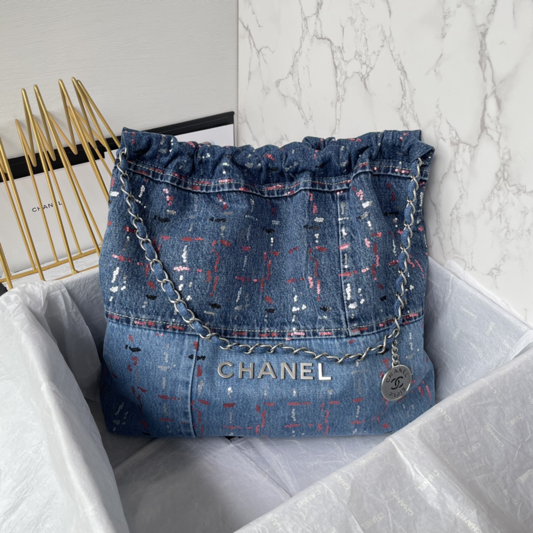 Bagsaaa Ch**el 22 Handbag Denim Patchwork AS3261 - 39 × 42 × 8 cm