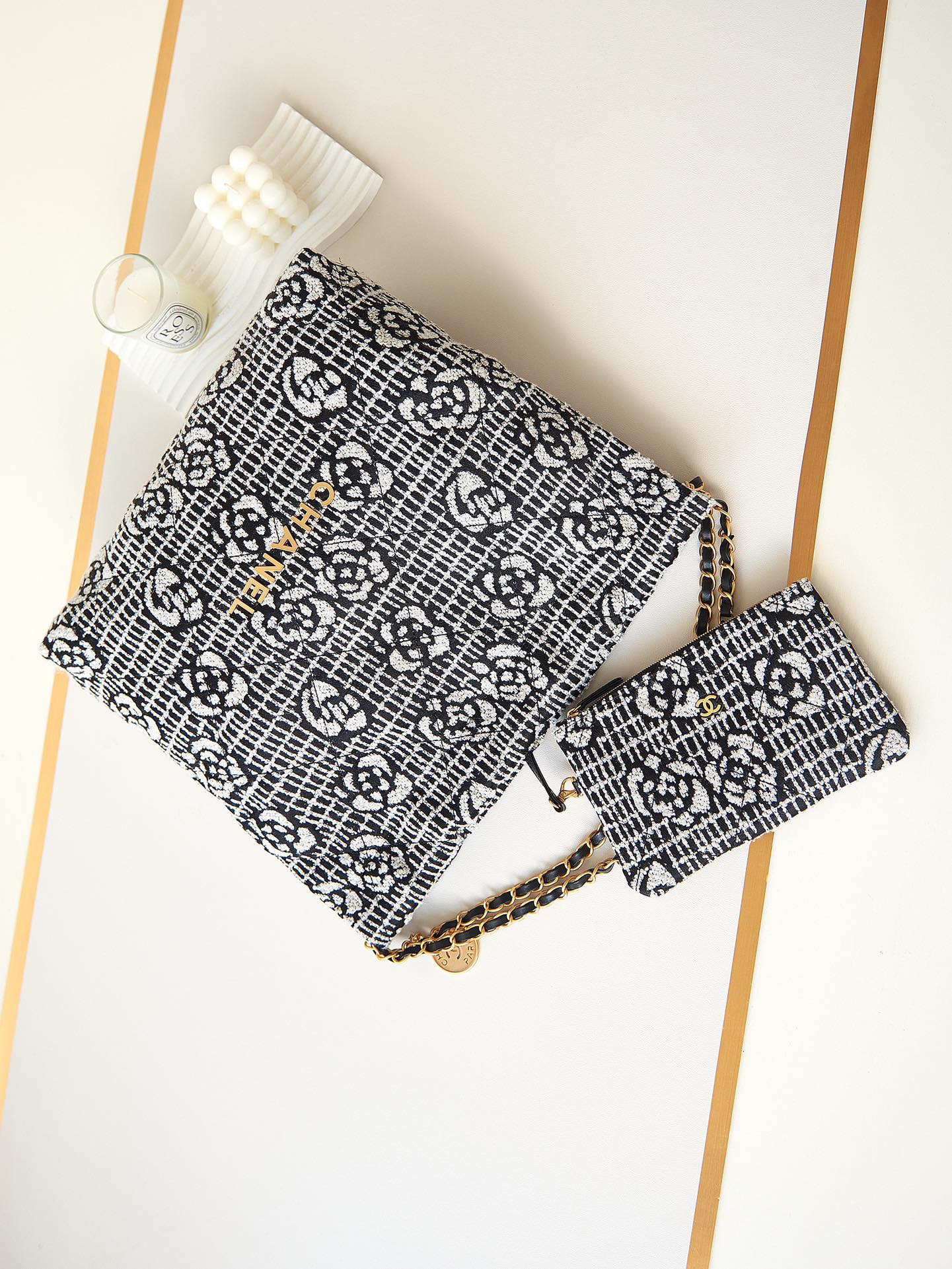 Bagsaaa Ch**el 22 Handbag AS3261 Cashmere Jacquard Black & White - 39 × 42 × 8 cm