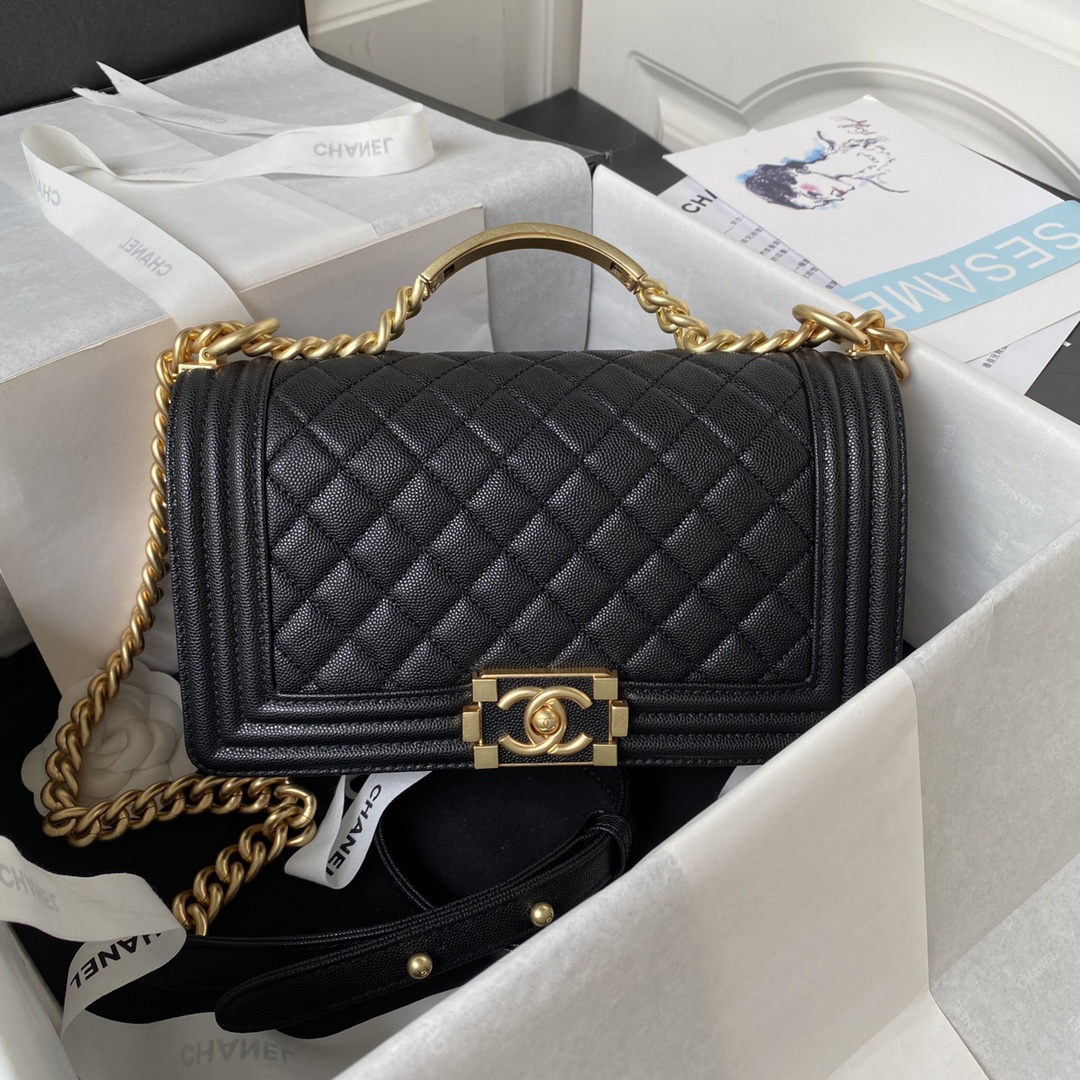 Bagsaaa Boy Ch**el Handbag With Handle Black Grained Shiny Calfskin A94804 - 14.5 × 25 × 8 cm