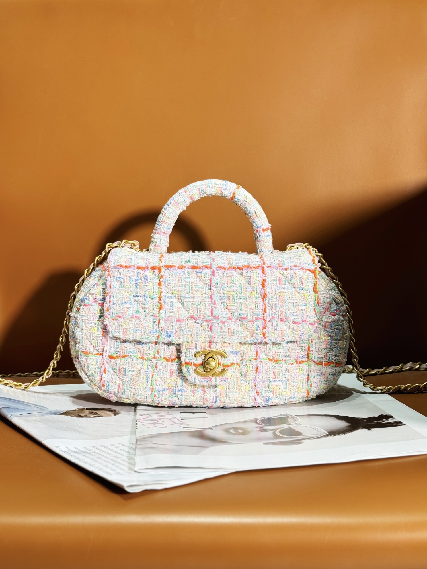 Bagsaaa Ch**el Bag With Top Handle AS4569 Multicolour Tweed - 13.5 × 23.5 × 5.5 cm