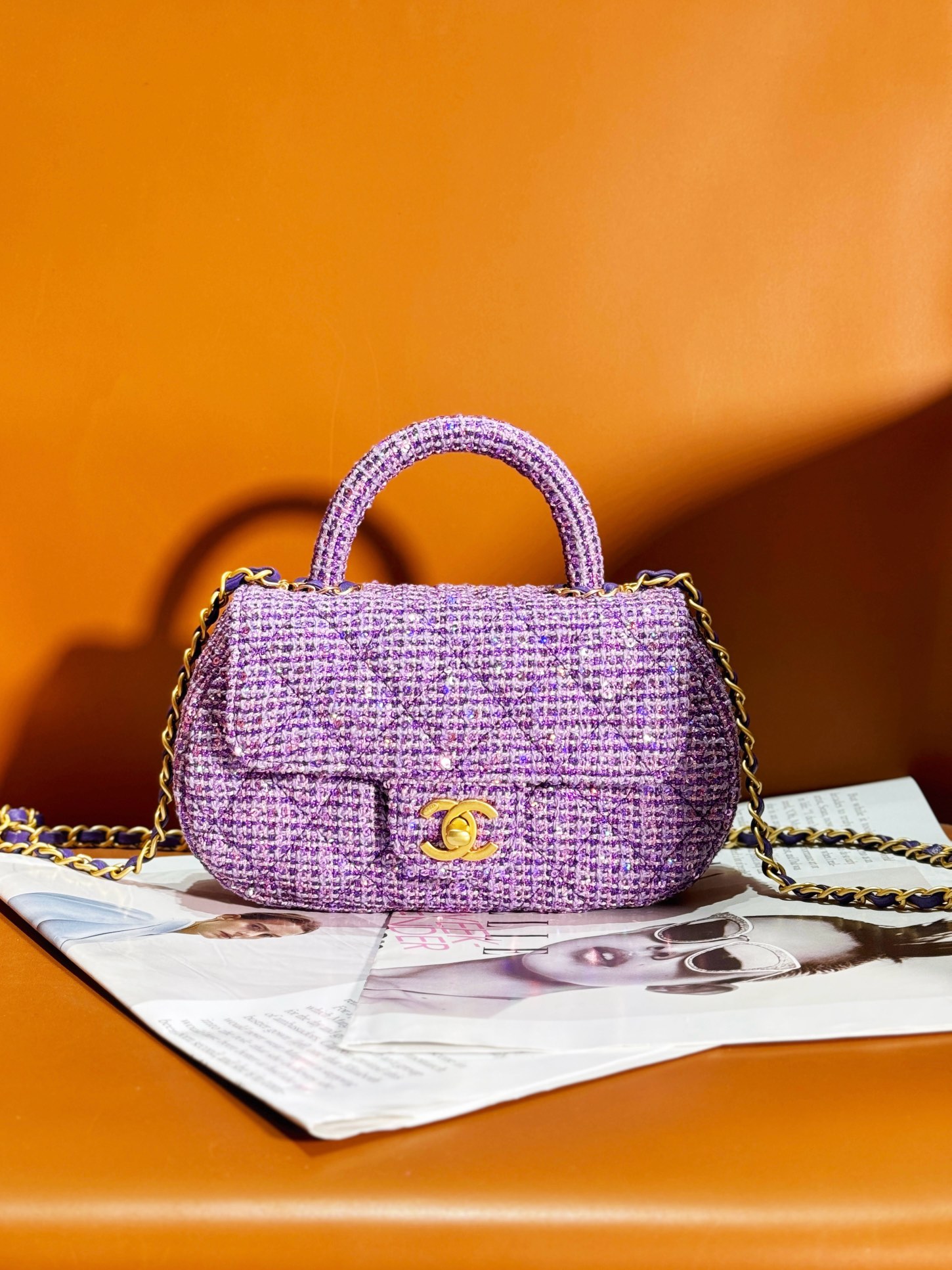 Bagsaaa Ch**el Small Bag With Top Handle AS4573 Purple Tweed - 11.5 × 20.5 × 5.5 cm