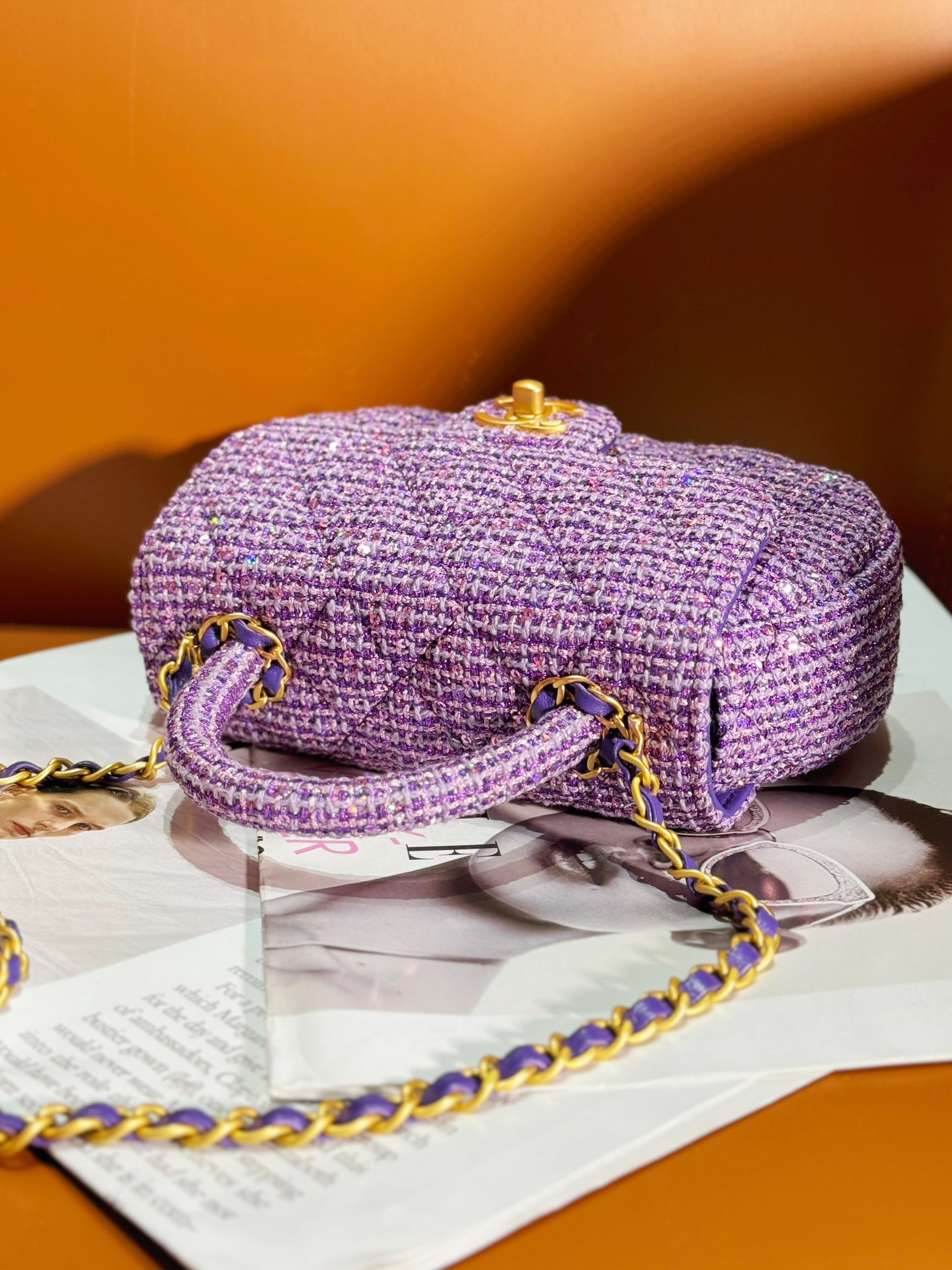 Bagsaaa Ch**el Small Bag With Top Handle AS4573 Purple Tweed - 11.5 × 20.5 × 5.5 cm