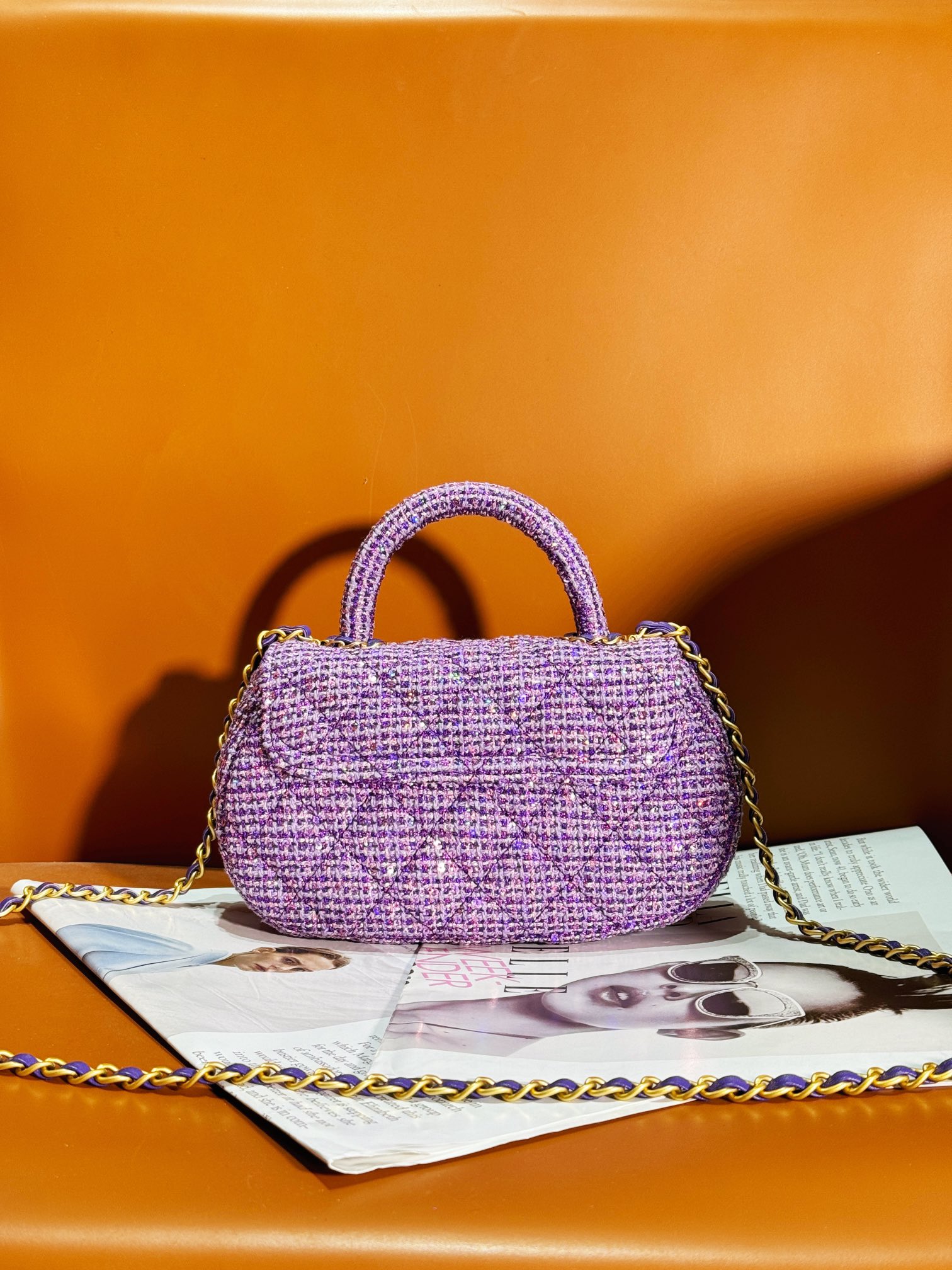 Bagsaaa Ch**el Small Bag With Top Handle AS4573 Purple Tweed - 11.5 × 20.5 × 5.5 cm