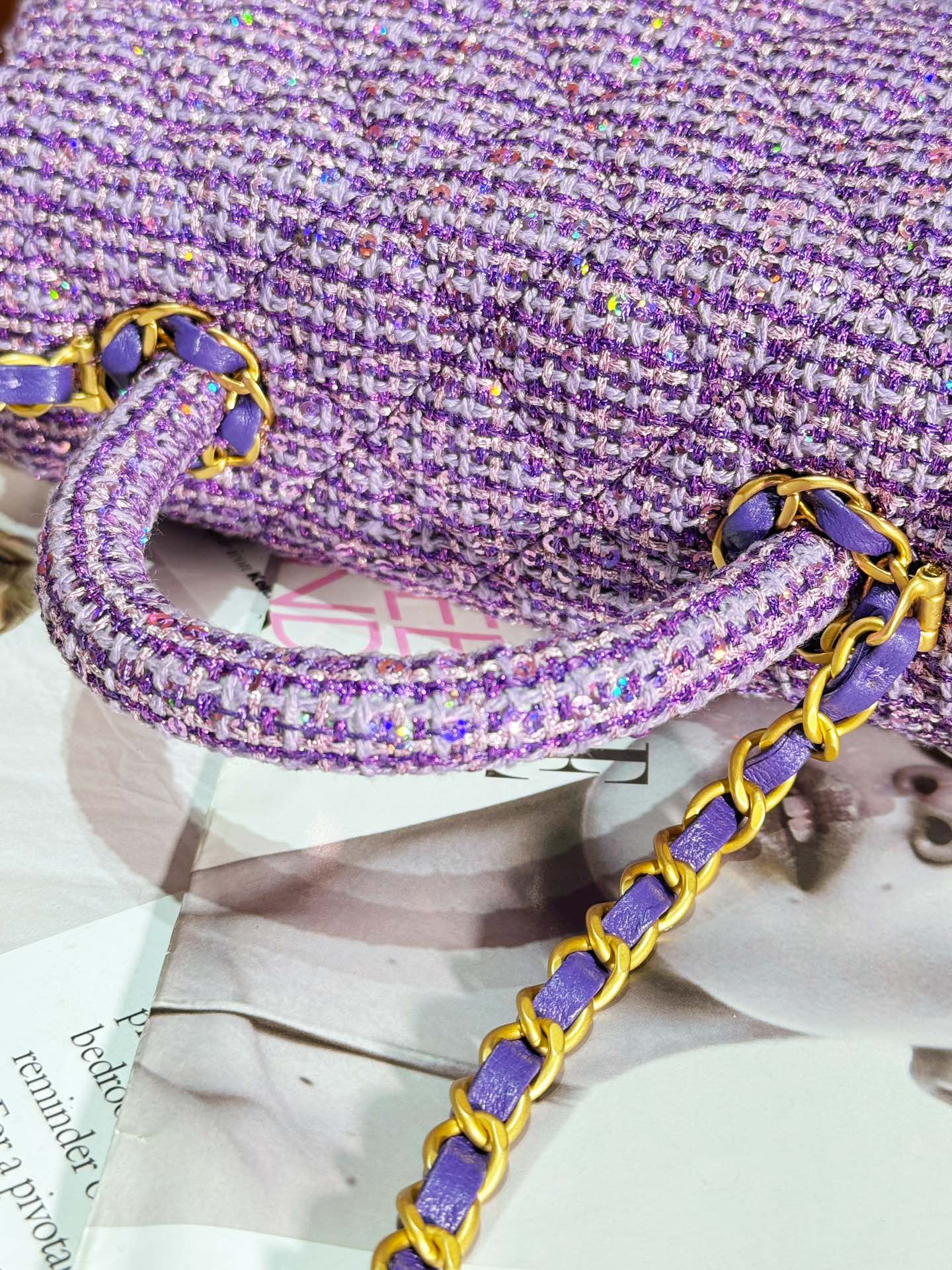 Bagsaaa Ch**el Small Bag With Top Handle AS4573 Purple Tweed - 11.5 × 20.5 × 5.5 cm