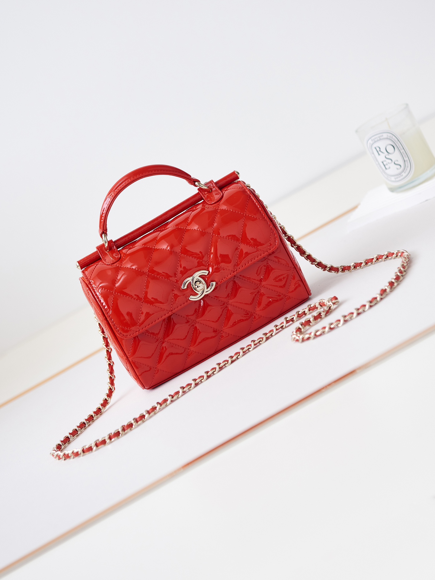 Bagsaaa Ch**el Small Box Bag Red Patent AS4511 - 13 × 18 × 8.5 cm