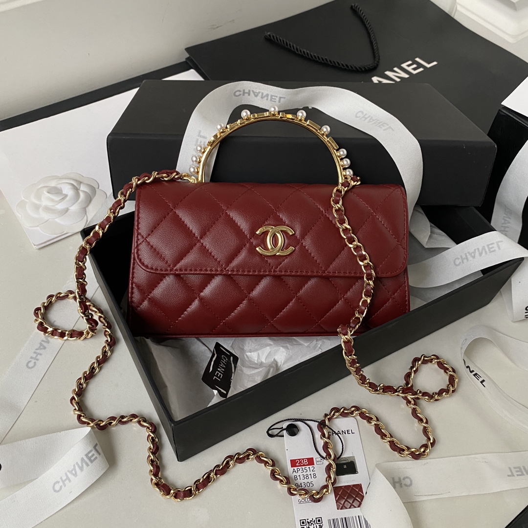 Bagsaaa Ch**el Flap Phone Holder With Chain AP3512 Burgundy Red - 11 × 17.2 × 3.5 cm