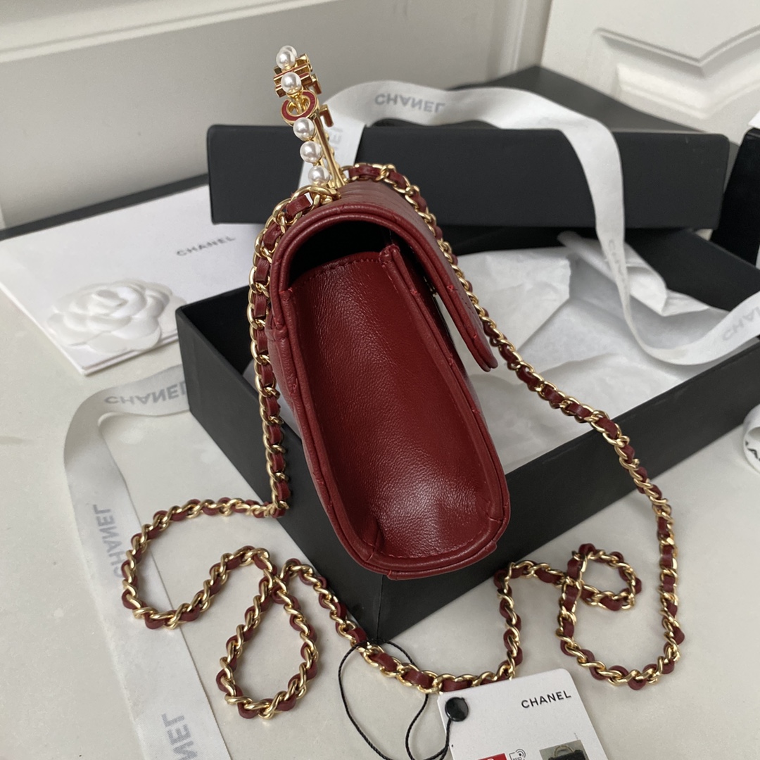 Bagsaaa Ch**el Flap Phone Holder With Chain AP3512 Burgundy Red - 11 × 17.2 × 3.5 cm