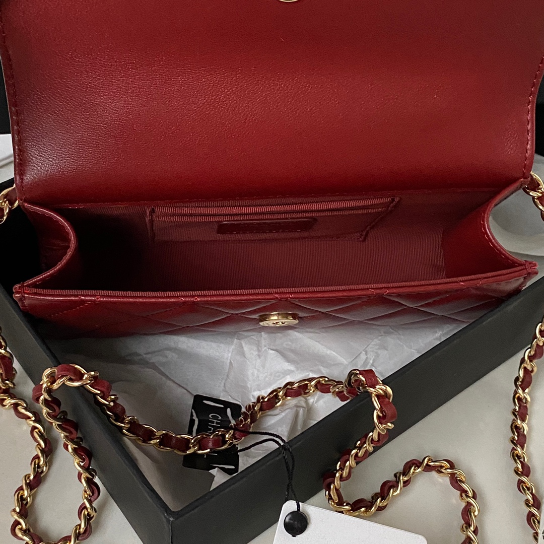 Bagsaaa Ch**el Flap Phone Holder With Chain AP3512 Burgundy Red - 11 × 17.2 × 3.5 cm