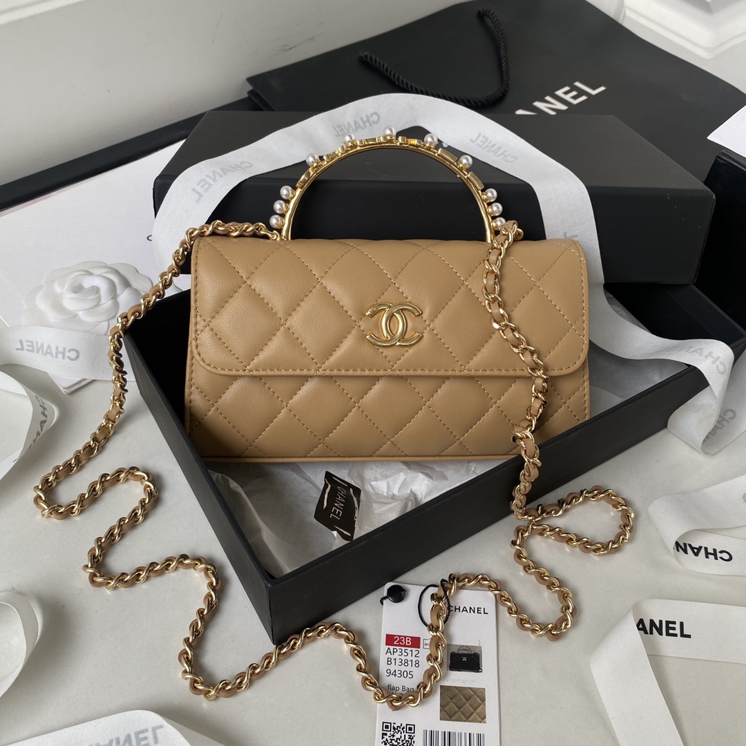Bagsaaa Ch**el Flap Phone Holder With Chain AP3512 Dark Beige - 11 × 17.2 × 3.5 cm