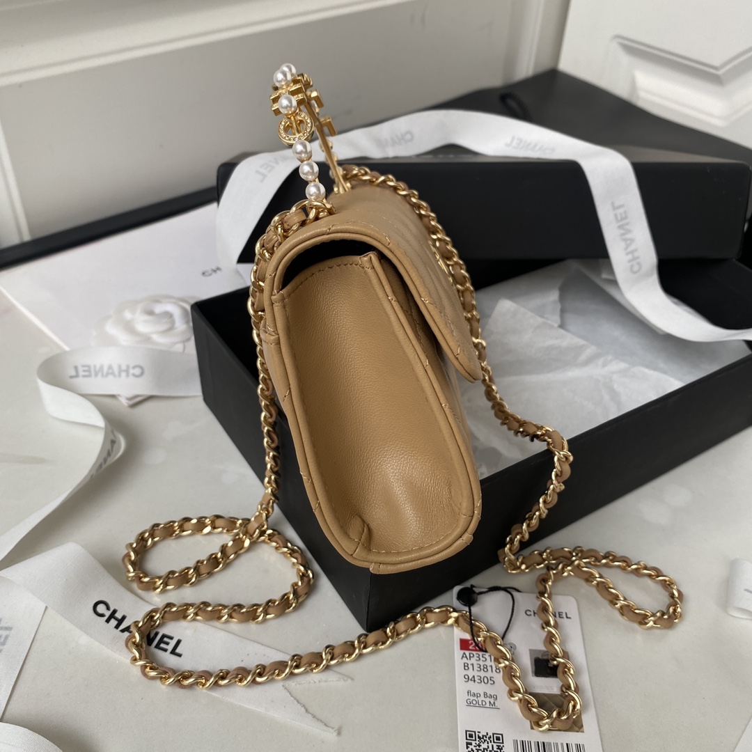 Bagsaaa Ch**el Flap Phone Holder With Chain AP3512 Dark Beige - 11 × 17.2 × 3.5 cm