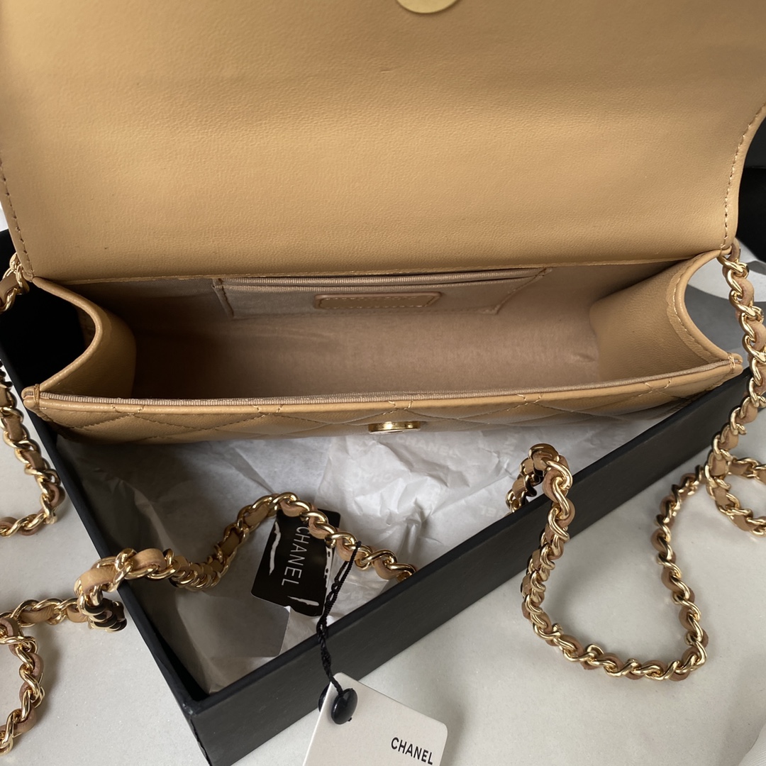 Bagsaaa Ch**el Flap Phone Holder With Chain AP3512 Dark Beige - 11 × 17.2 × 3.5 cm