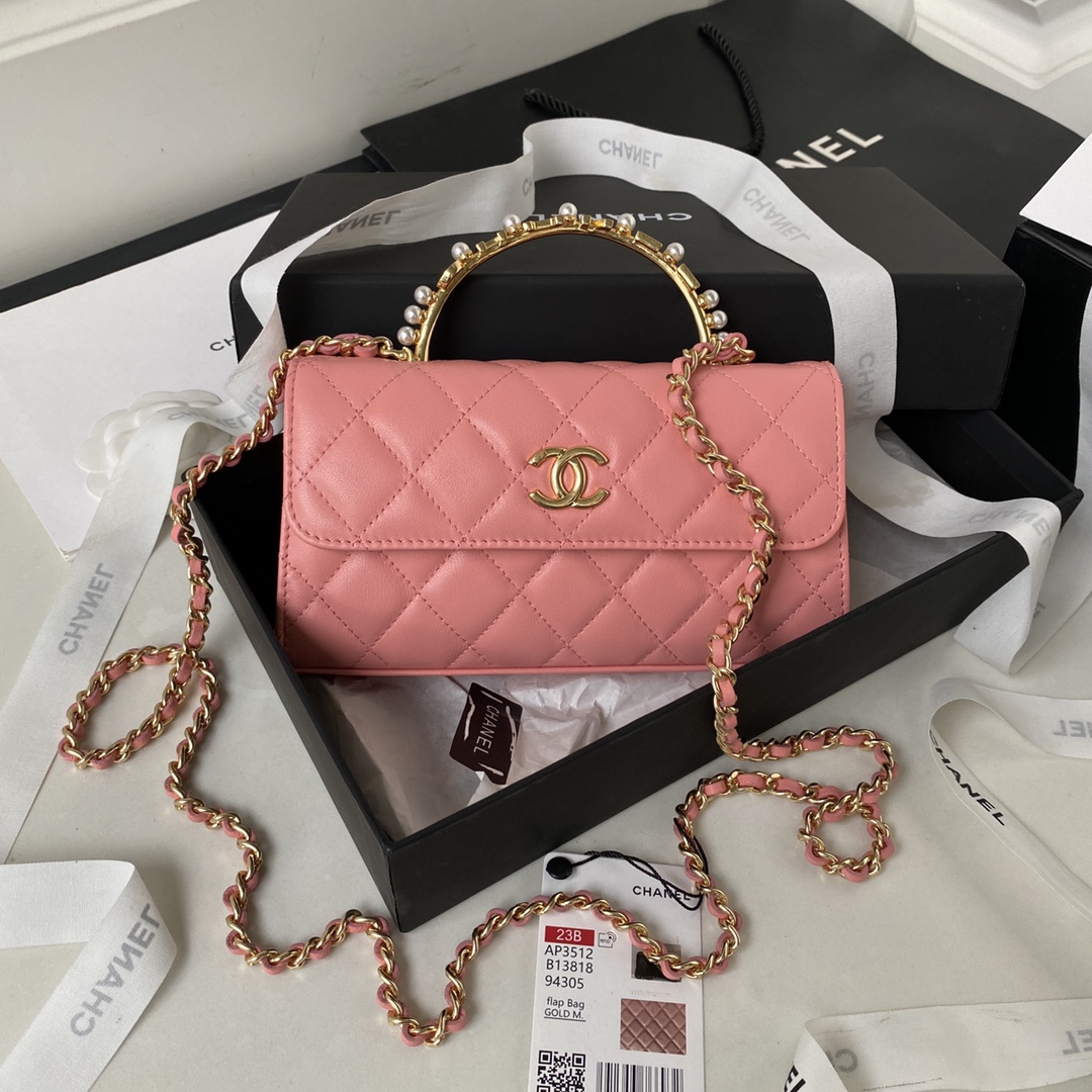 Bagsaaa Ch**el Flap Phone Holder With Chain AP3512 Pink - 11 × 17.2 × 3.5 cm