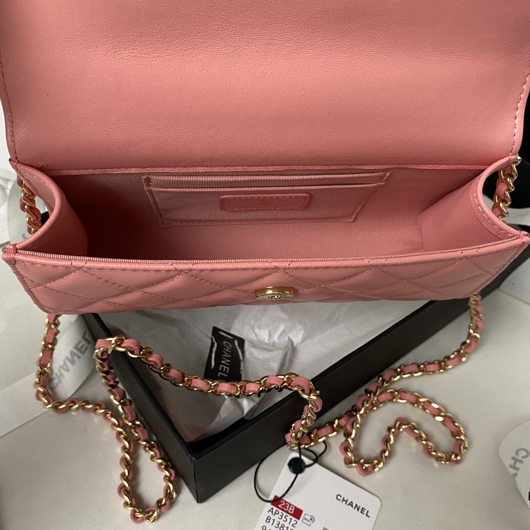 Bagsaaa Ch**el Flap Phone Holder With Chain AP3512 Pink - 11 × 17.2 × 3.5 cm