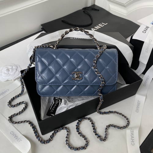 Bagsaaa Ch**el Clutch With Chain AP3566 Blue - 11 × 18.5 × 6 cm