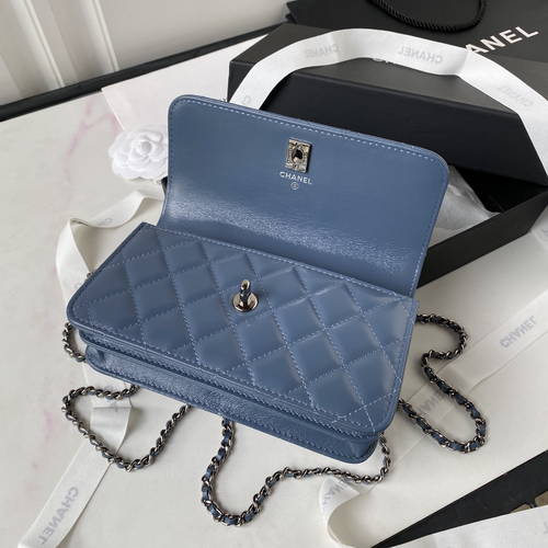 Bagsaaa Ch**el Clutch With Chain AP3566 Blue - 11 × 18.5 × 6 cm