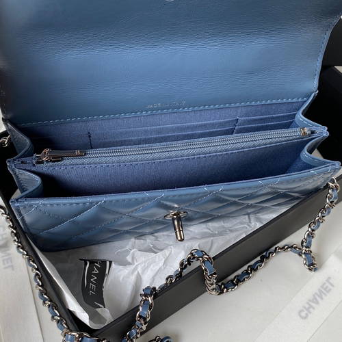 Bagsaaa Ch**el Clutch With Chain AP3566 Blue - 11 × 18.5 × 6 cm