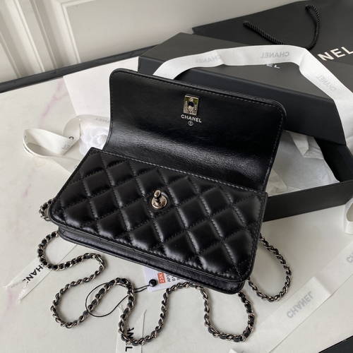 Bagsaaa Ch**el Clutch With Chain AP3566 Black - 11 × 18.5 × 6 cm