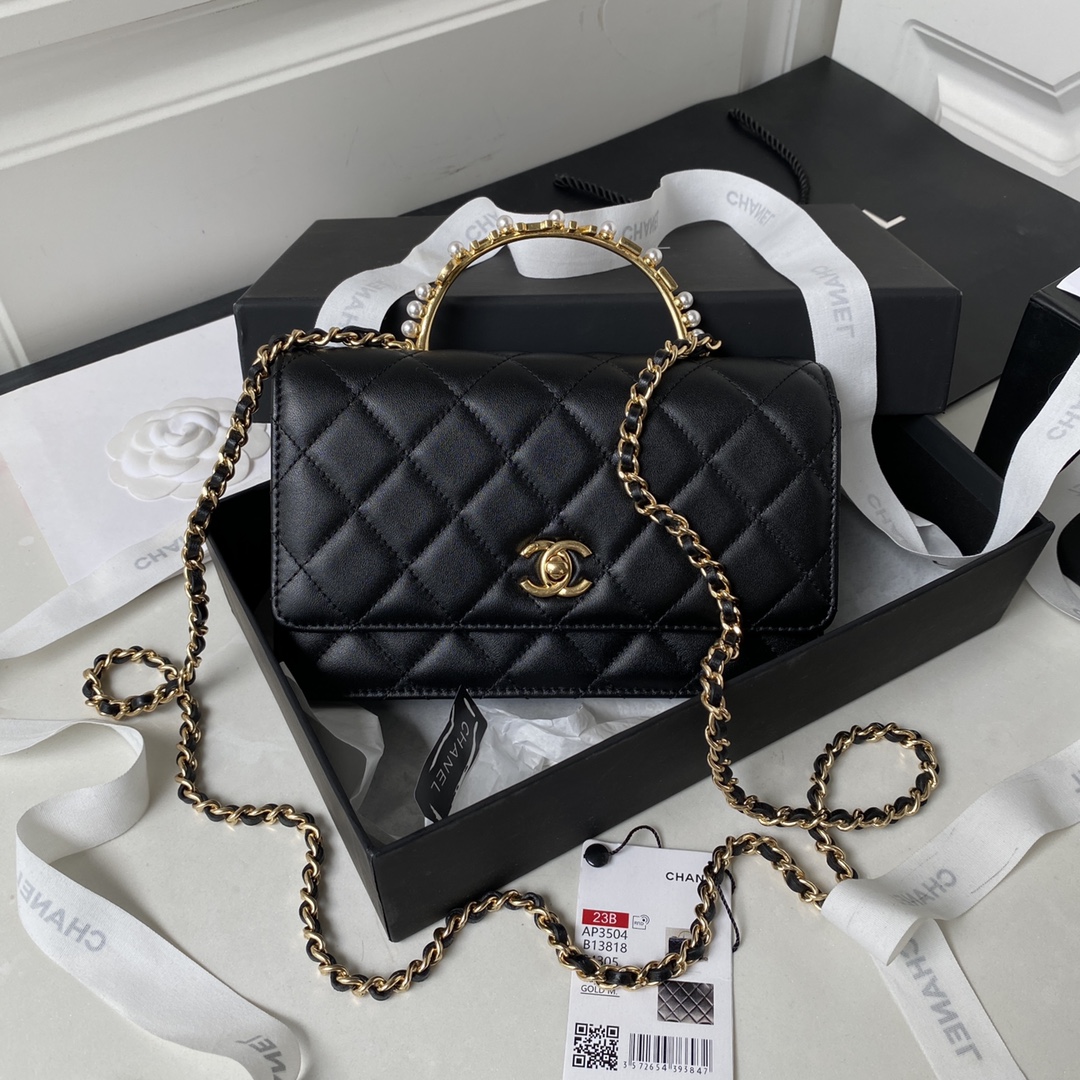 Bagsaaa Ch**el Wallet On Chain Black AP3504 - 12.3 × 19.2 × 3.5 cm