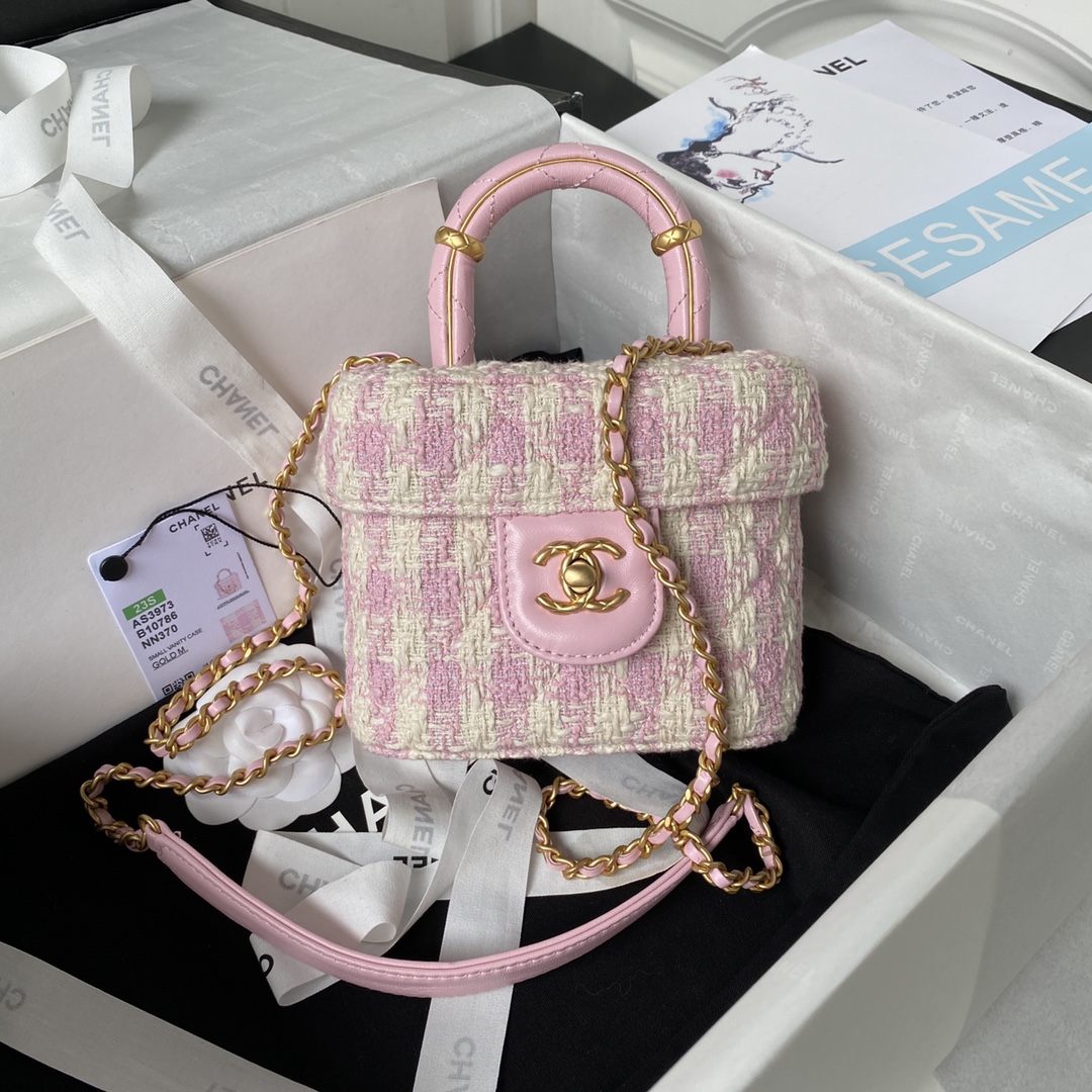 Bagsaaa Ch**el Small Vanity Case Pink Tweed AS3973 - 12.5×15×8 cm