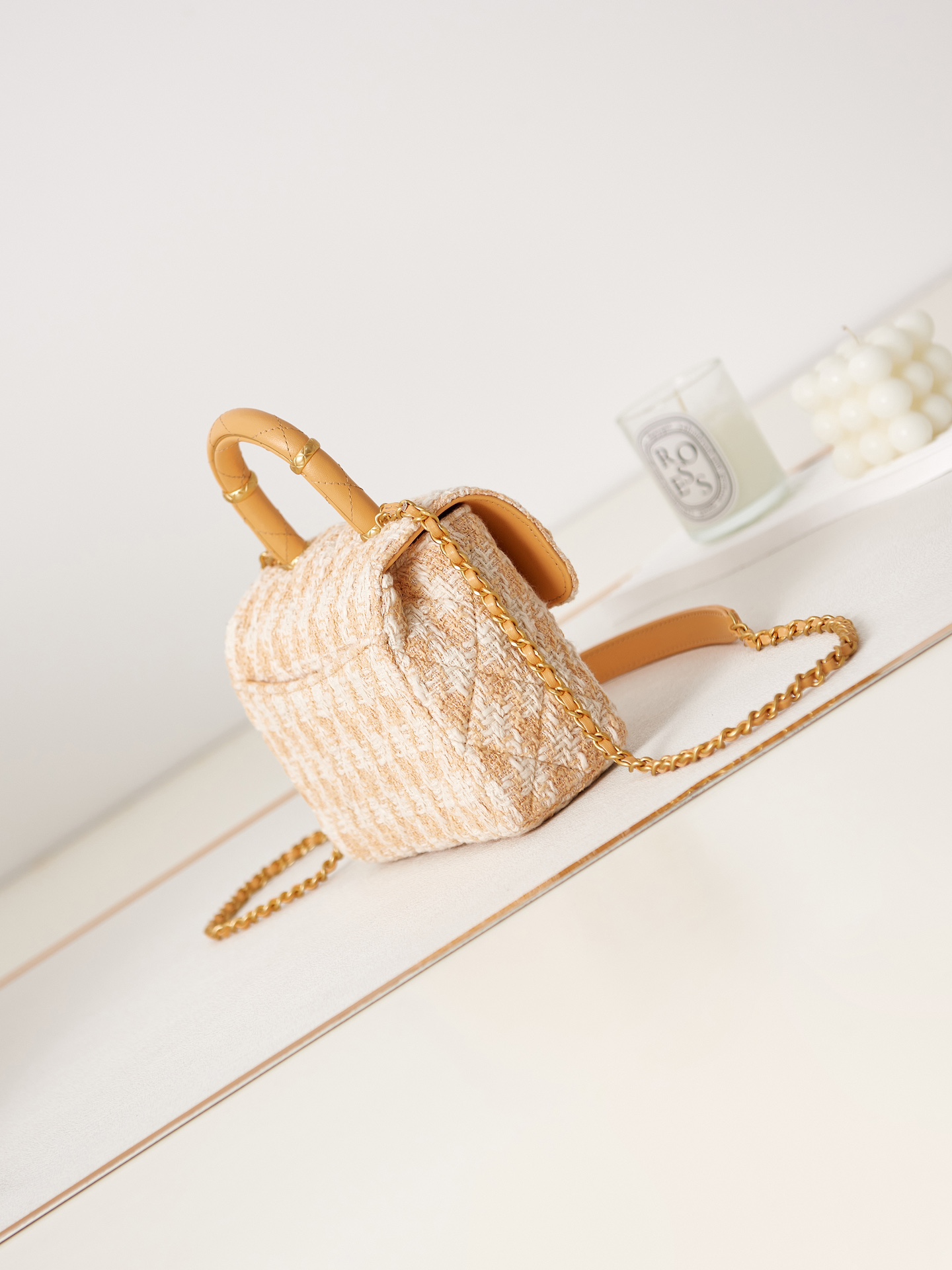 Bagsaaa Ch**el Mini Flap Bag With Top Handle Orange Tweed AS4035 - 15×15.5×7.5 cm