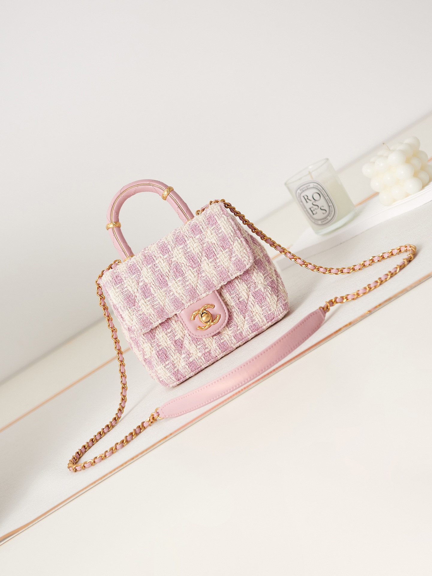 Bagsaaa Ch**el Mini Flap Bag With Top Handle Pink Tweed AS4035 - 15×15.5×7.5 cm