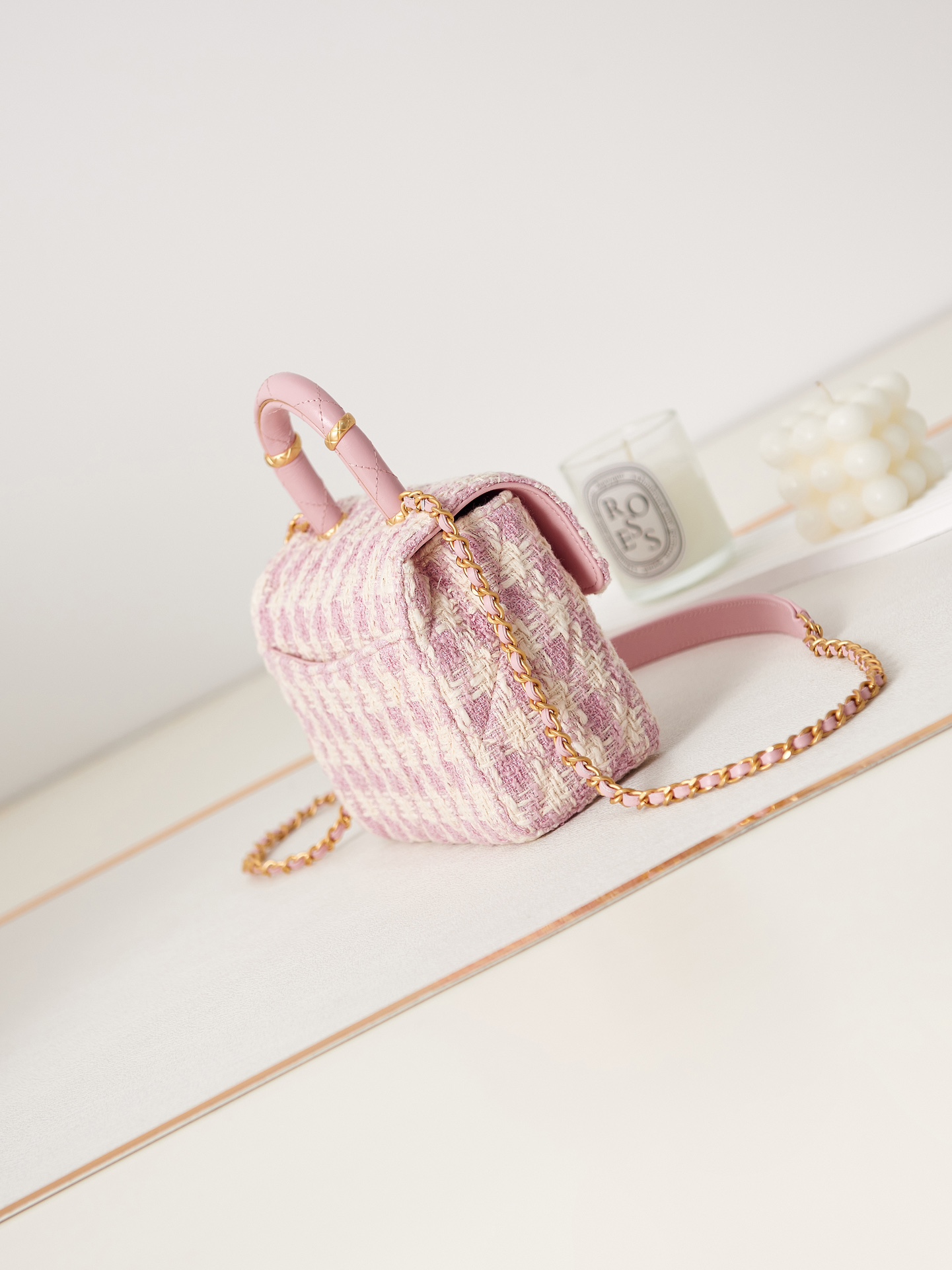 Bagsaaa Ch**el Mini Flap Bag With Top Handle Pink Tweed AS4035 - 15×15.5×7.5 cm