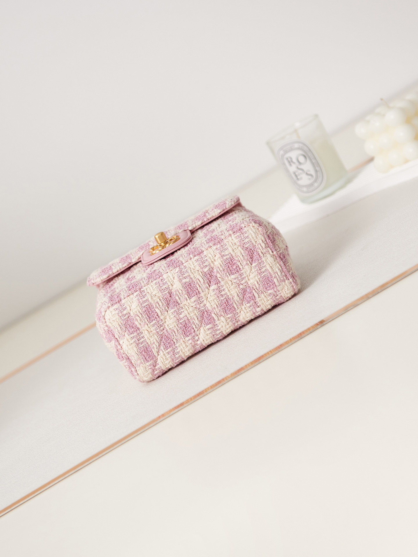 Bagsaaa Ch**el Mini Flap Bag With Top Handle Pink Tweed AS4035 - 15×15.5×7.5 cm