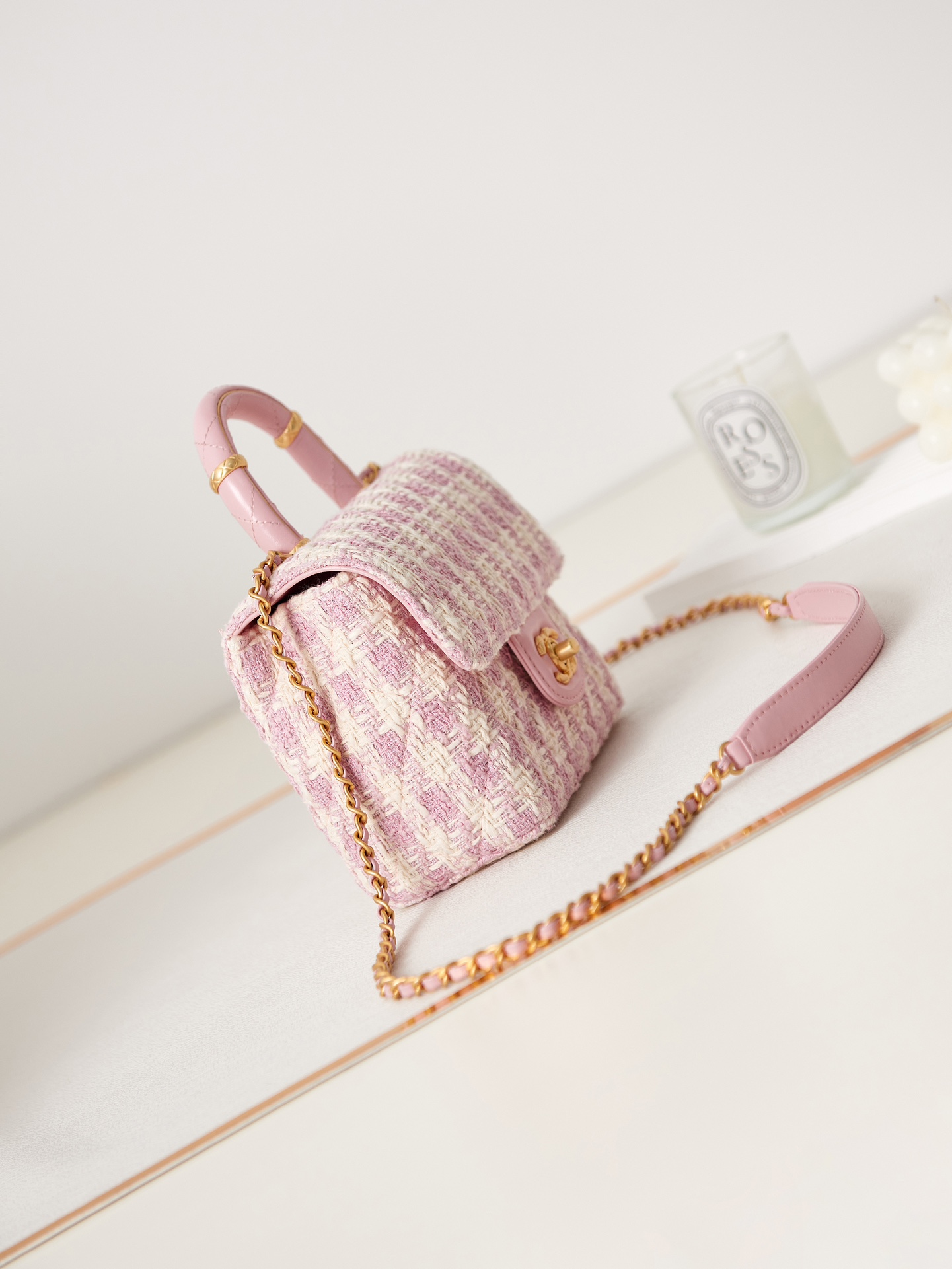 Bagsaaa Ch**el Mini Flap Bag With Top Handle Pink Tweed AS4035 - 15×15.5×7.5 cm