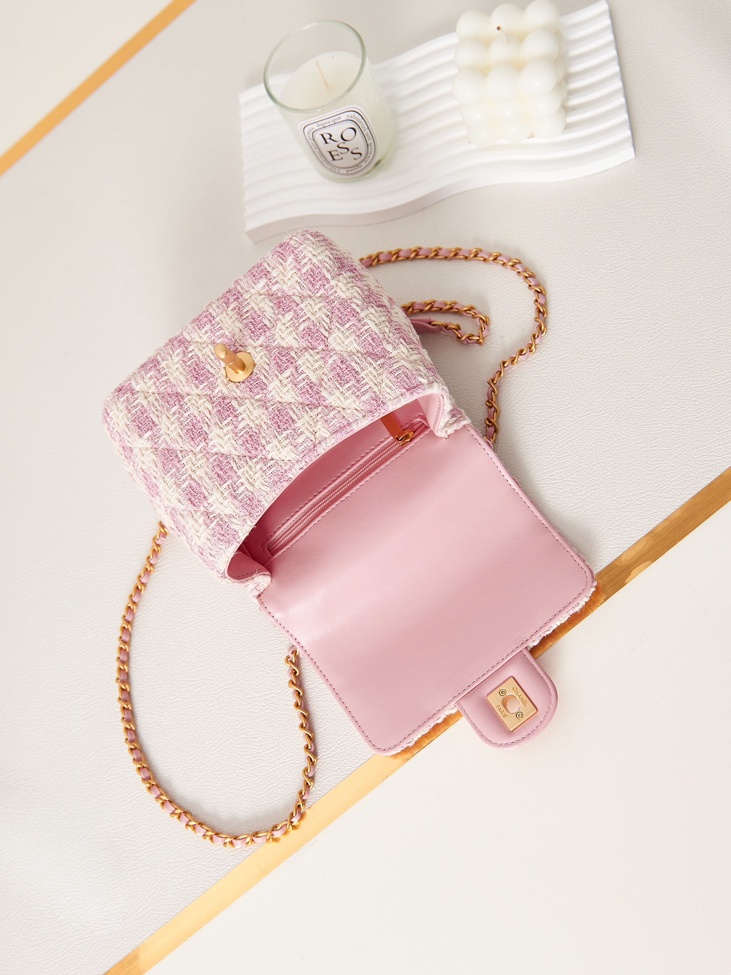 Bagsaaa Ch**el Mini Flap Bag With Top Handle Pink Tweed AS4035 - 15×15.5×7.5 cm