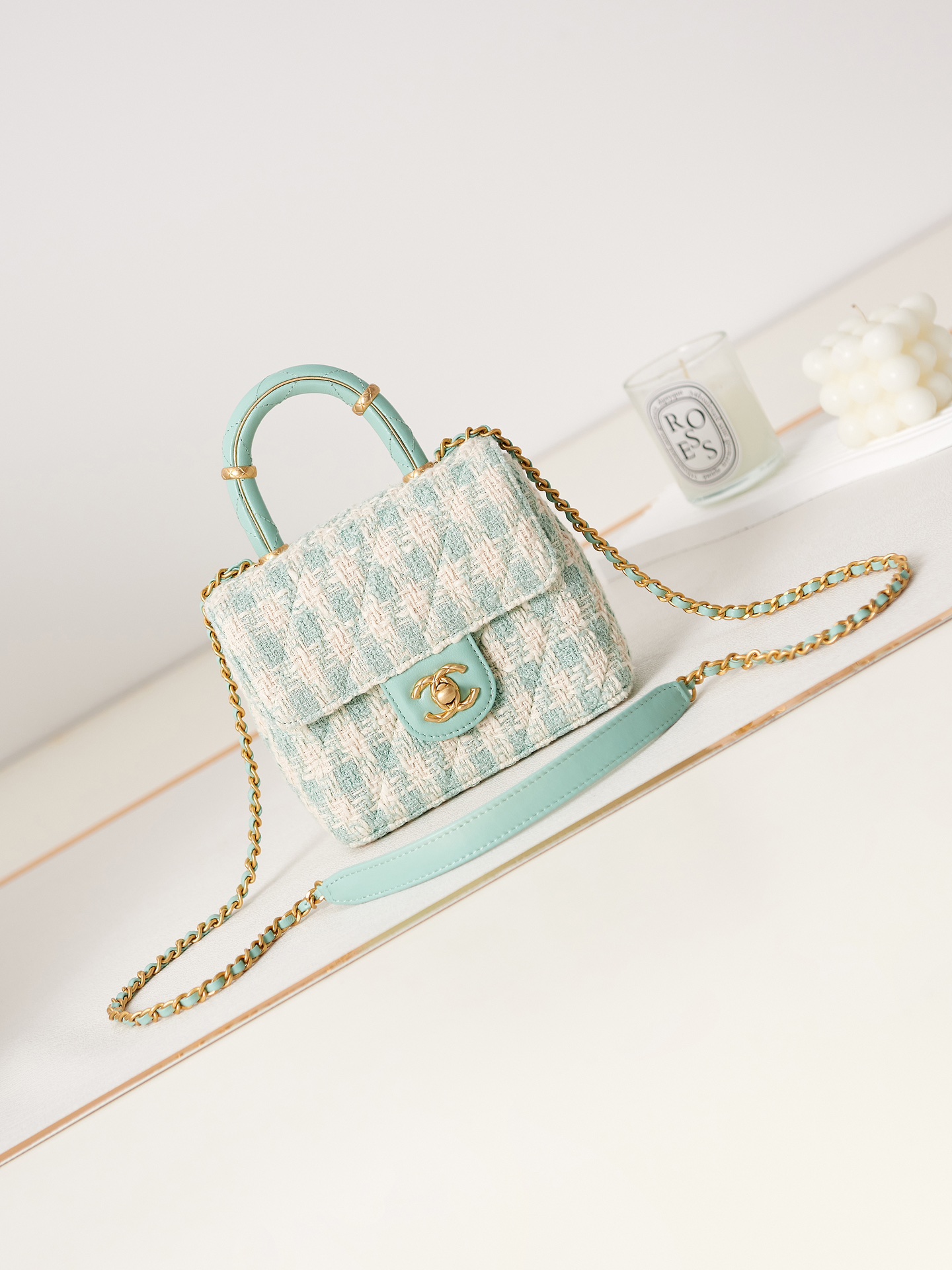 Bagsaaa Ch**el Mini Flap Bag With Top Handle Light Blue Tweed AS4035 - 15×15.5×7.5 cm