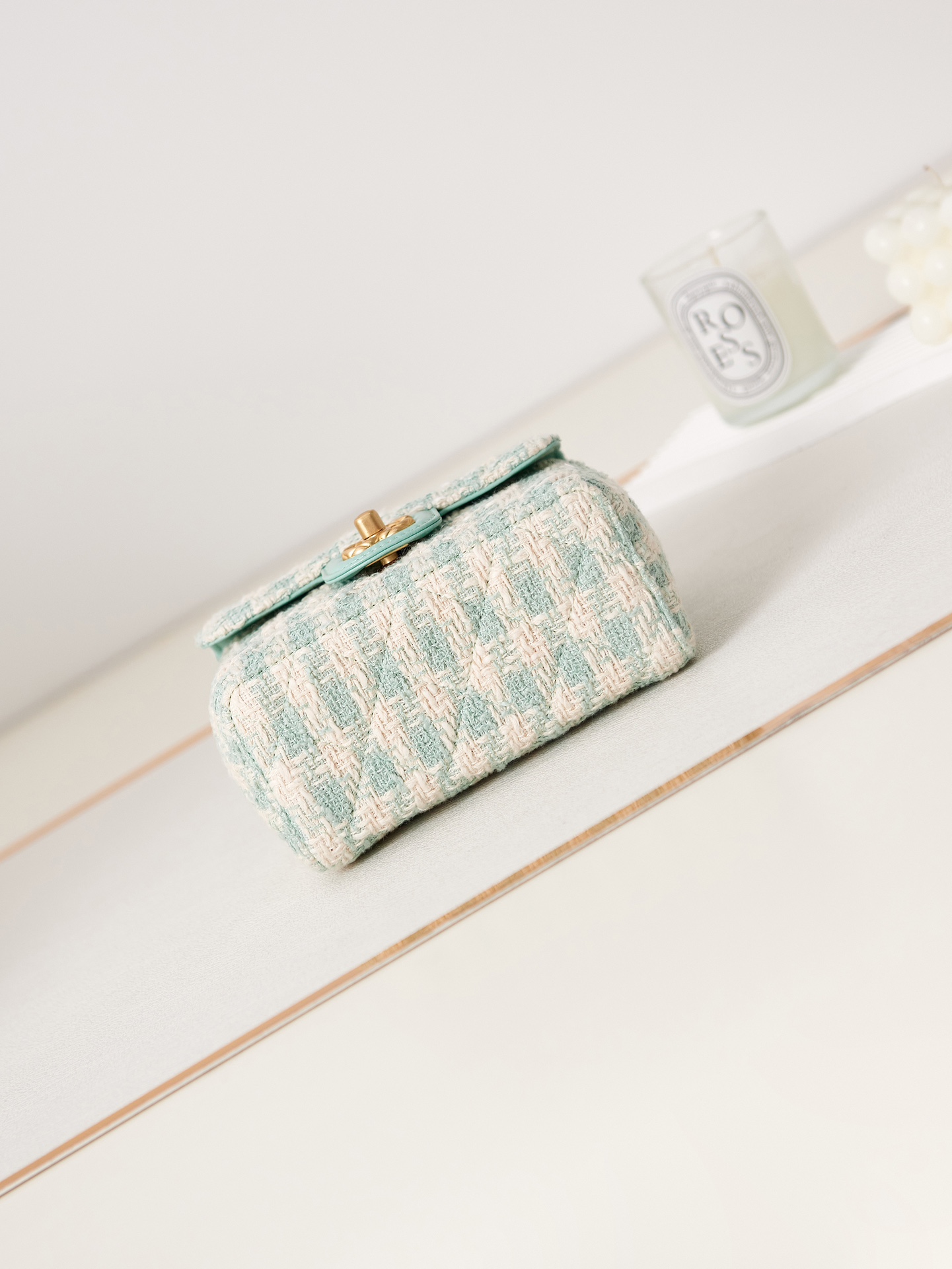 Bagsaaa Ch**el Mini Flap Bag With Top Handle Light Blue Tweed AS4035 - 15×15.5×7.5 cm
