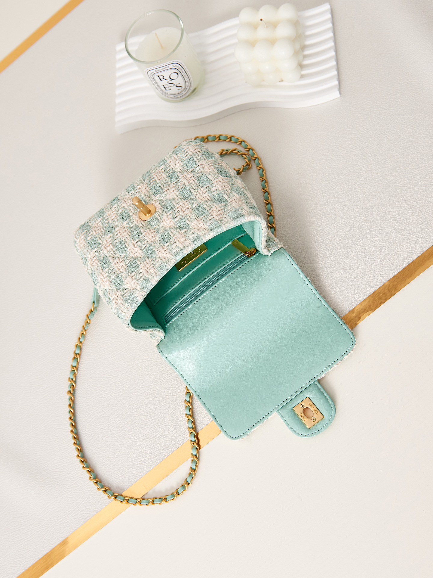 Bagsaaa Ch**el Mini Flap Bag With Top Handle Light Blue Tweed AS4035 - 15×15.5×7.5 cm