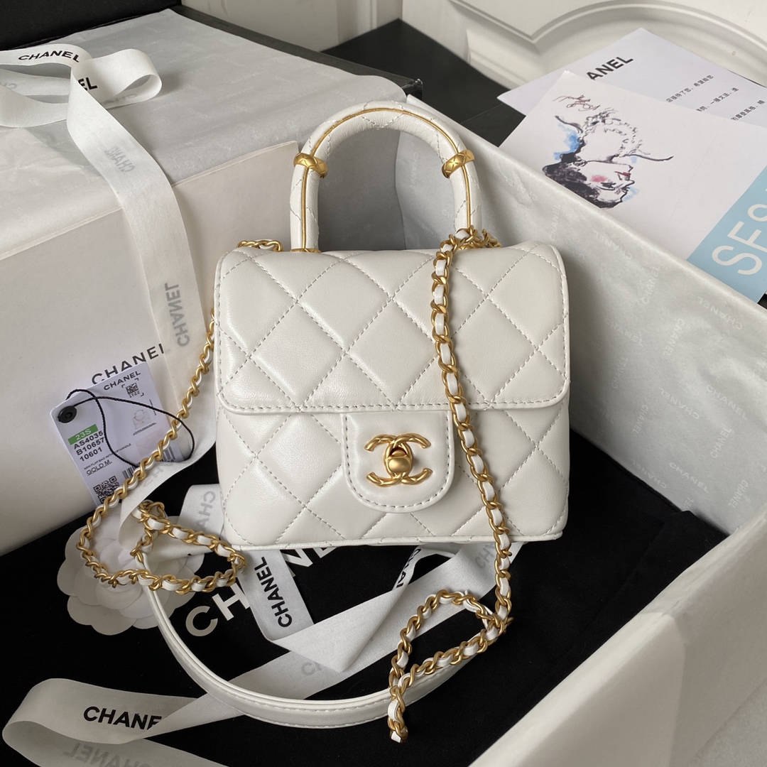 Bagsaaa Ch**el Mini Flap Bag With Top Handle White AS4035 - 15×15.5×7.5 cm