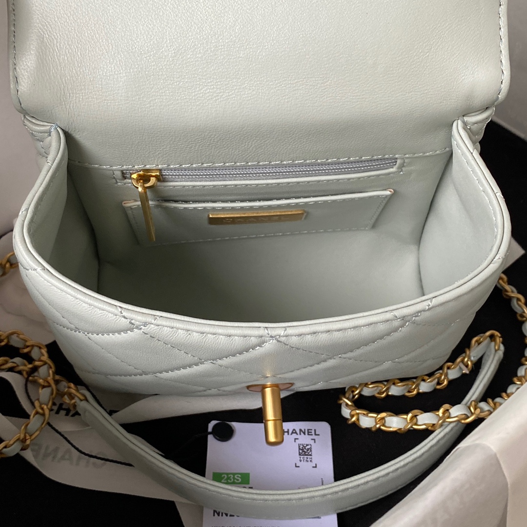 Bagsaaa Ch**el Mini Flap Bag With Top Handle Light Gray AS4035 - 15×15.5×7.5 cm