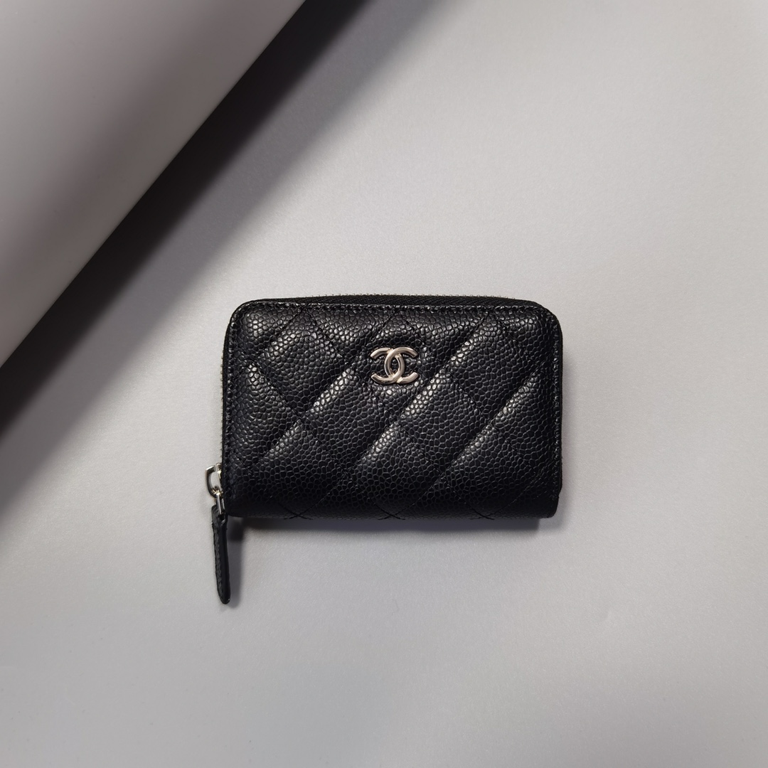 Bagsaaa Ch**el Classic Zipped Coin Purse AP0216 Black & Silver Hardware - 7.5 × 11 × 2 cm