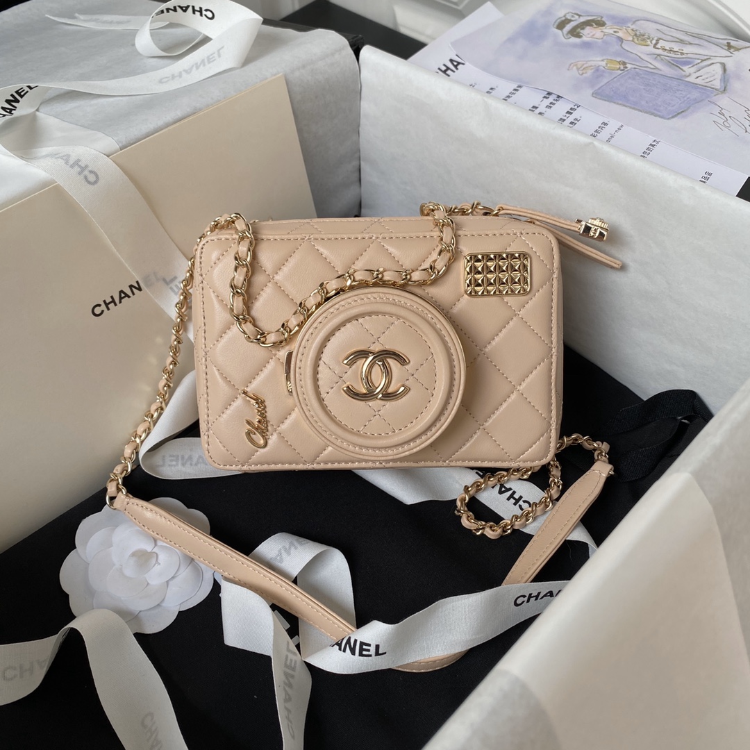 Bagsaaa Ch**el Camera Bag AS4817 Beige - 11.5 × 16 × 6 cm