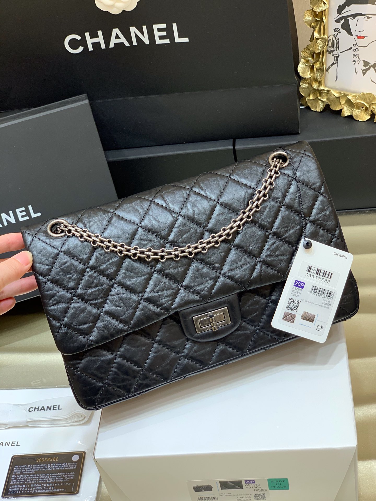 Bagsaaa Ch**el Large 2.55 Handbag A37587 Aged Calfskin Black & Silver Hardware - 19.5 × 28 × 7.5 cm