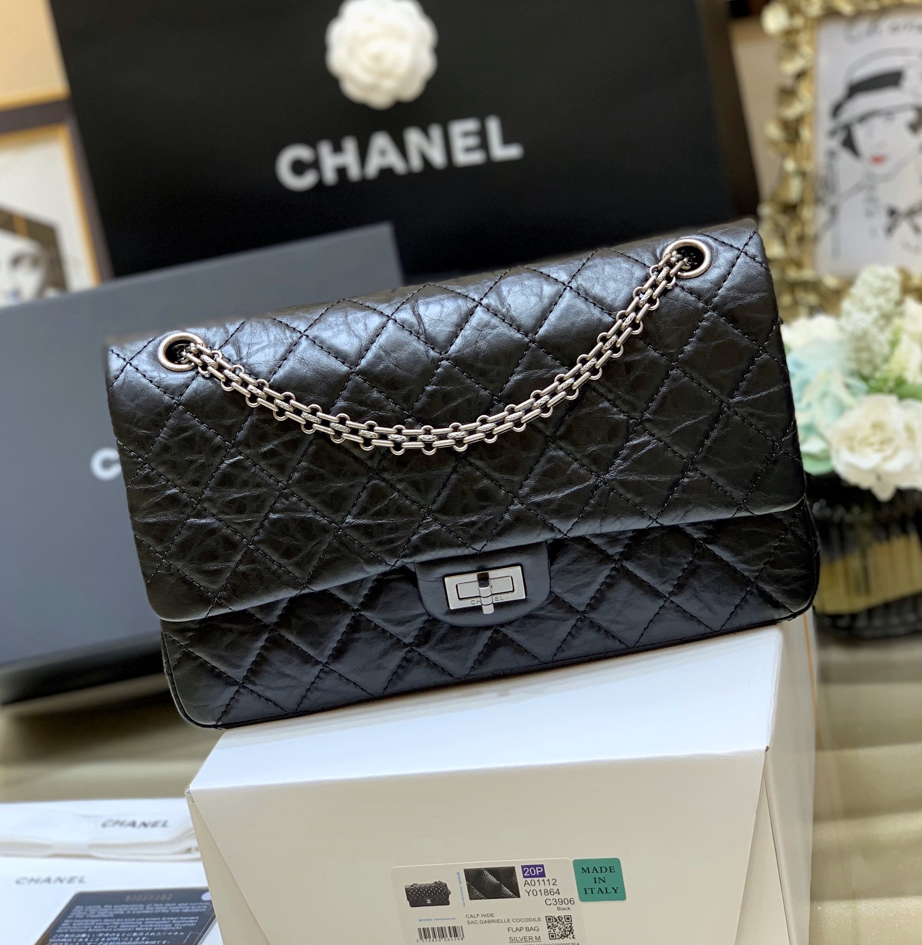 Bagsaaa Ch**el Large 2.55 Handbag A37587 Aged Calfskin Black & Silver Hardware - 19.5 × 28 × 7.5 cm