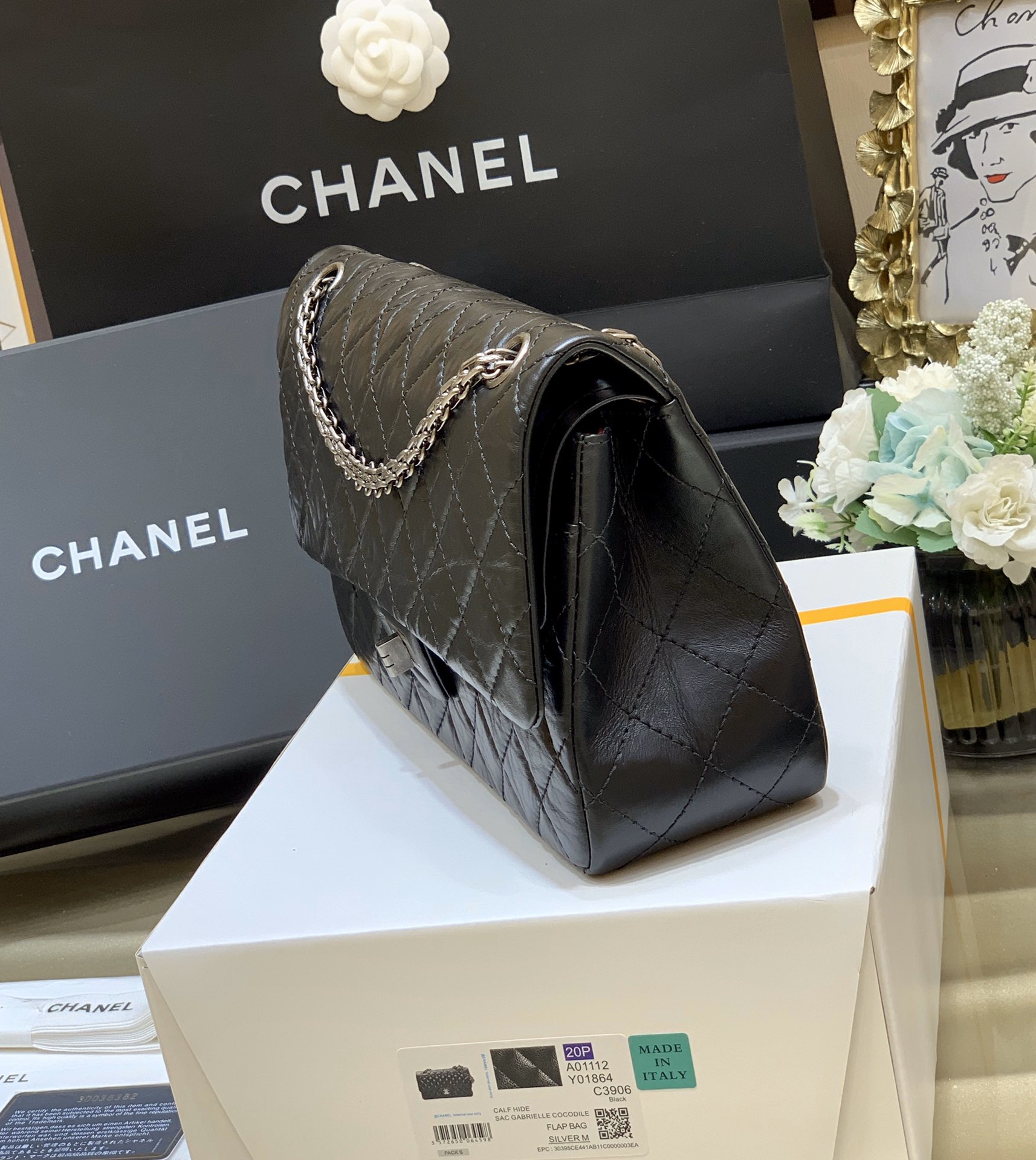 Bagsaaa Ch**el Large 2.55 Handbag A37587 Aged Calfskin Black & Silver Hardware - 19.5 × 28 × 7.5 cm