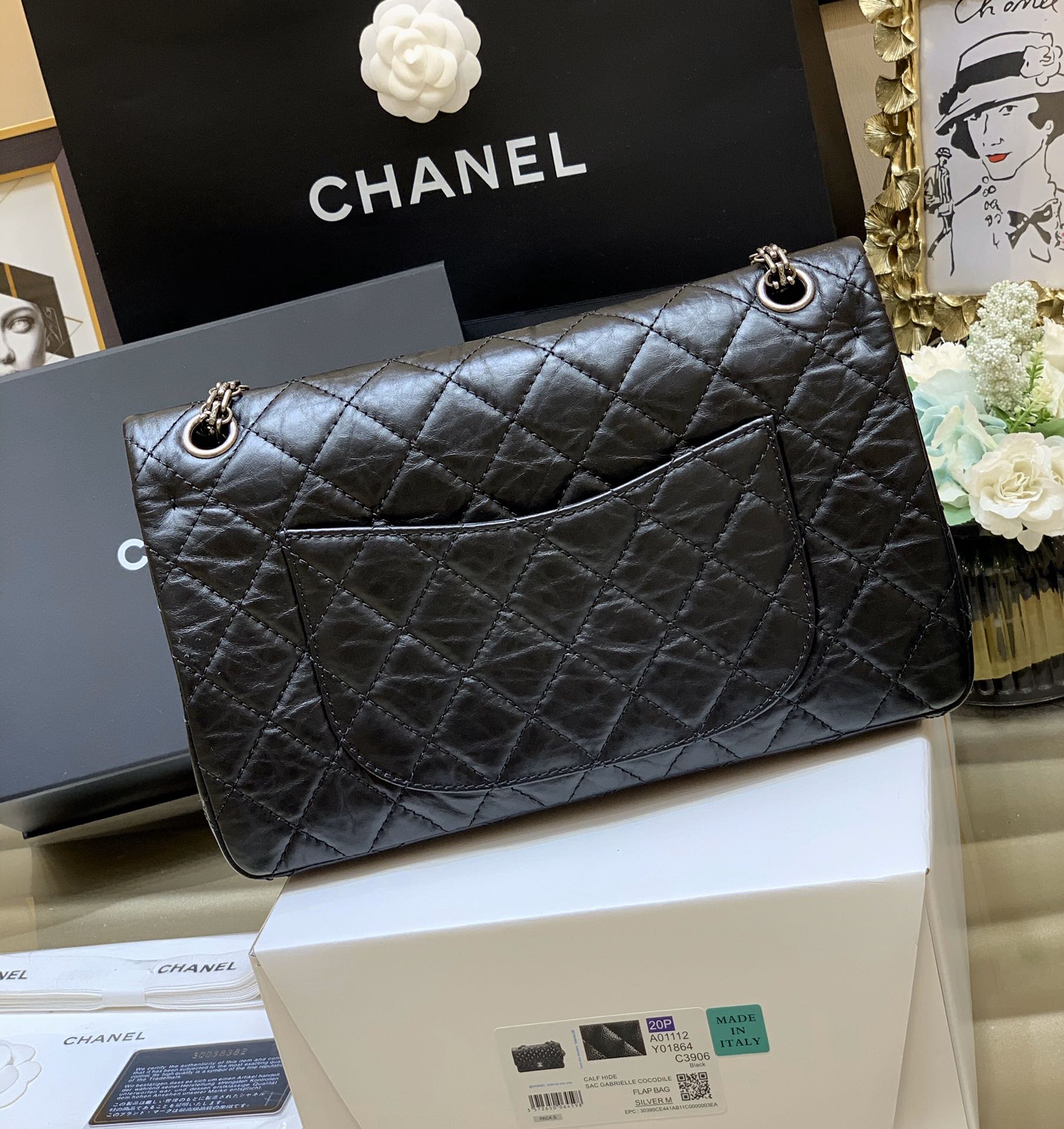 Bagsaaa Ch**el Large 2.55 Handbag A37587 Aged Calfskin Black & Silver Hardware - 19.5 × 28 × 7.5 cm