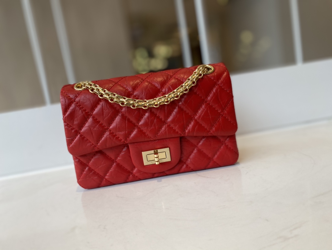 Bagsaaa Ch**el Mini 2.55 Handbag AS0874 Aged Calfskin Red - 15.5 × 20 × 6 cm