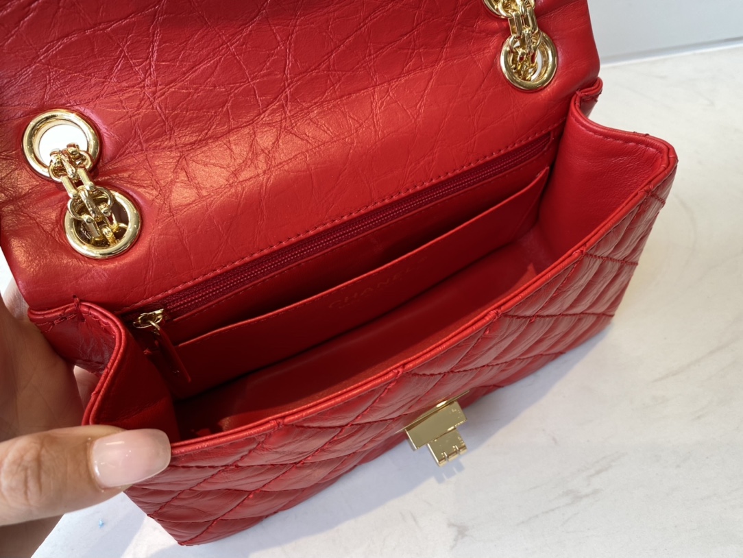 Bagsaaa Ch**el Mini 2.55 Handbag AS0874 Aged Calfskin Red - 15.5 × 20 × 6 cm