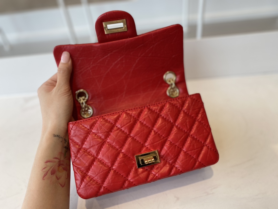 Bagsaaa Ch**el Mini 2.55 Handbag AS0874 Aged Calfskin Red - 15.5 × 20 × 6 cm