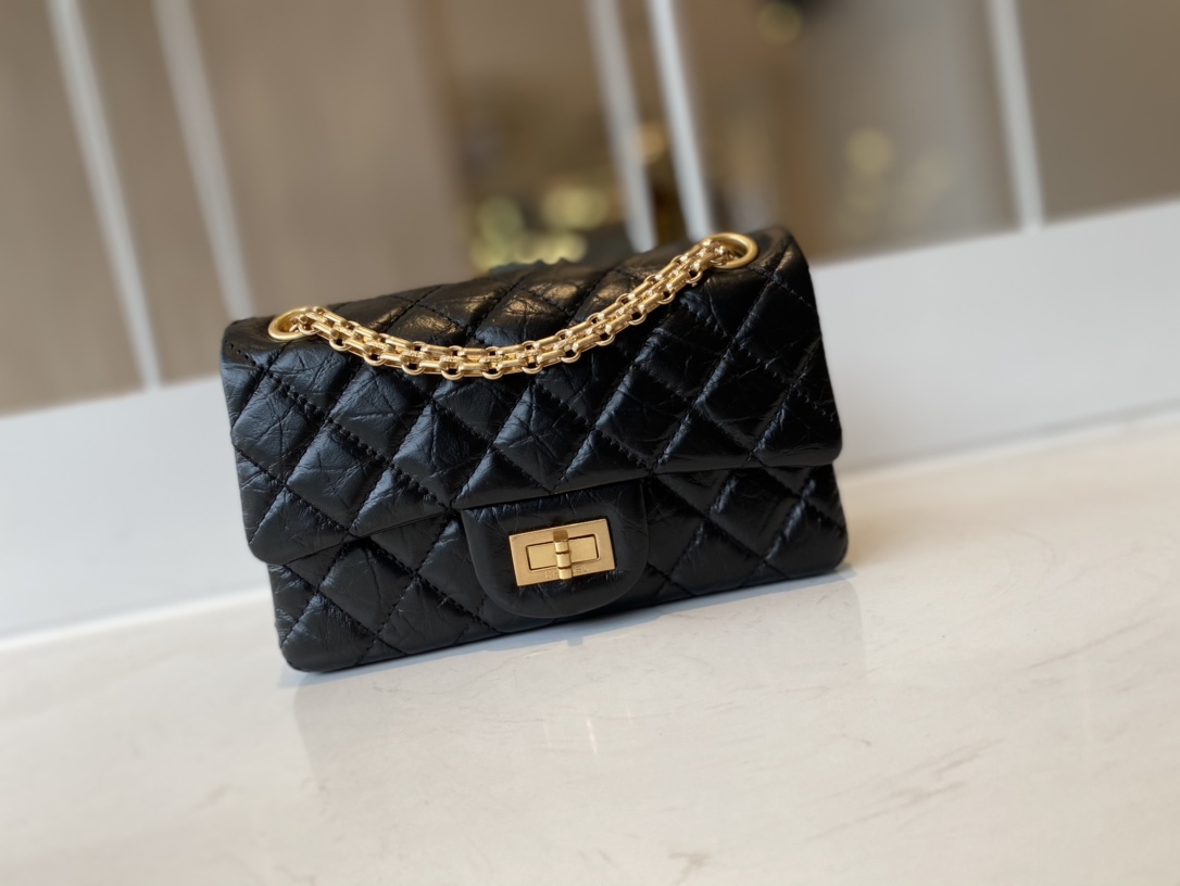Bagsaaa Ch**el Mini 2.55 Handbag AS0874 Aged Calfskin Black & Gold Hardware - 15.5 × 20 × 6 cm