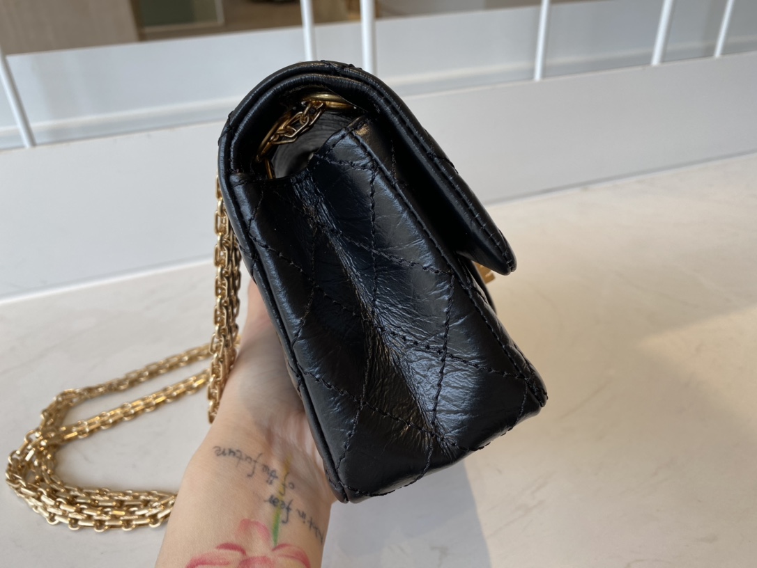 Bagsaaa Ch**el Mini 2.55 Handbag AS0874 Aged Calfskin Black & Gold Hardware - 15.5 × 20 × 6 cm
