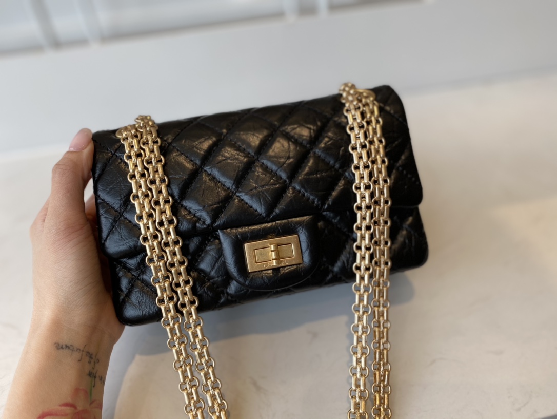 Bagsaaa Ch**el Mini 2.55 Handbag AS0874 Aged Calfskin Black & Gold Hardware - 15.5 × 20 × 6 cm