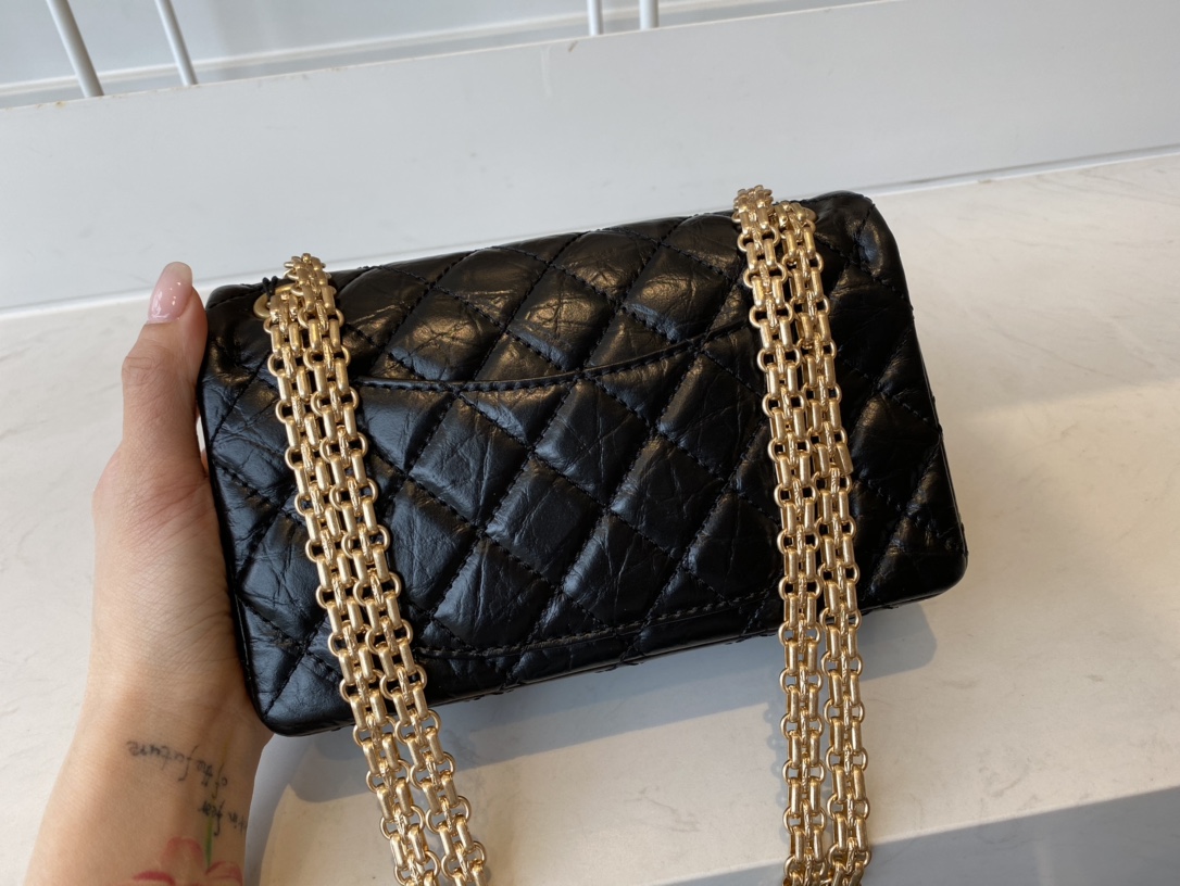 Bagsaaa Ch**el Mini 2.55 Handbag AS0874 Aged Calfskin Black & Gold Hardware - 15.5 × 20 × 6 cm