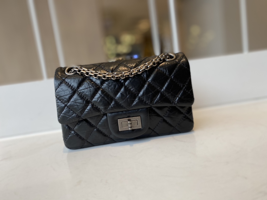 Bagsaaa Ch**el Mini 2.55 Handbag AS0874 Aged Calfskin Black & Silver Hardware - 15.5 × 20 × 6 cm