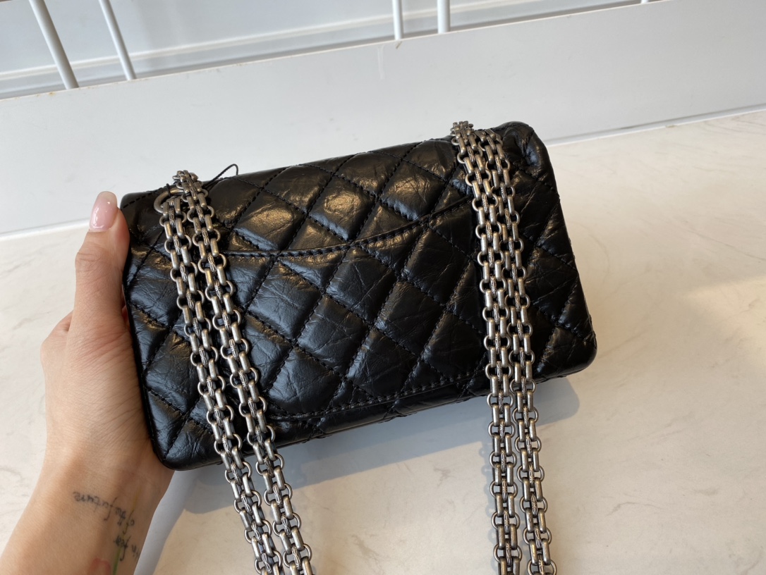 Bagsaaa Ch**el Mini 2.55 Handbag AS0874 Aged Calfskin Black & Silver Hardware - 15.5 × 20 × 6 cm